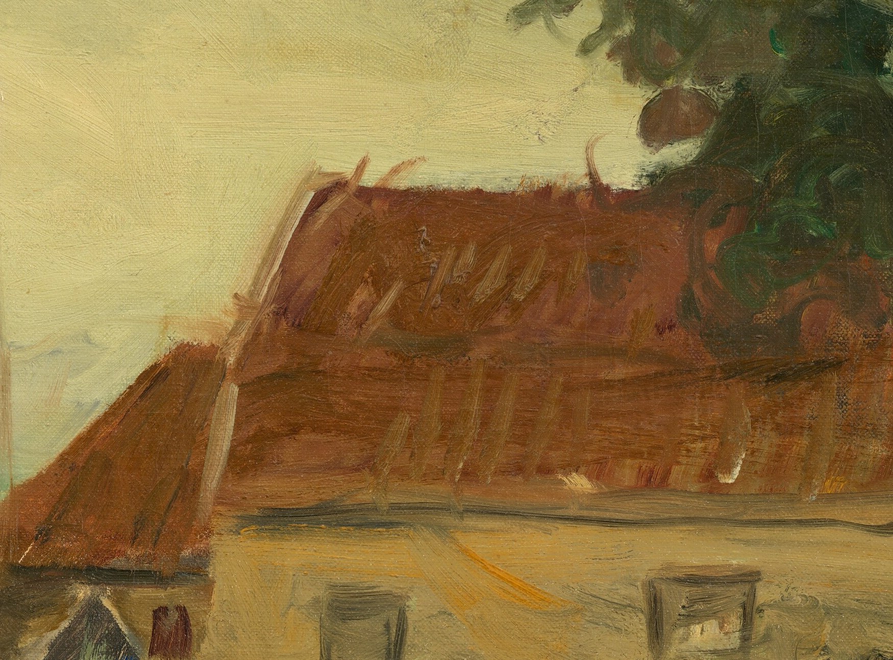 The dominant architectural mass; warm orange-red of the tiles against grey sky is Henri's boldest color decision and the chromatic center of the painting.