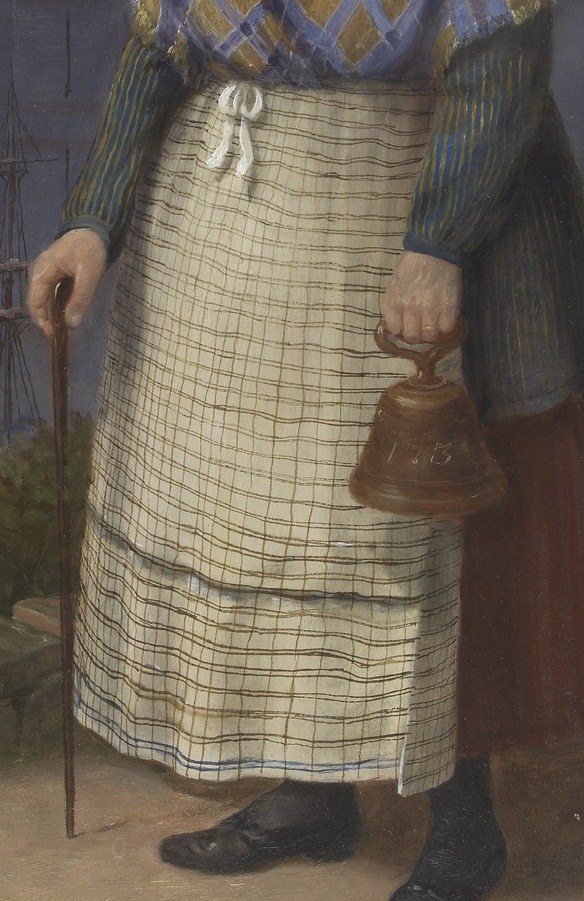 The fine checks and the way it drapes suggest the texture of the fabric and the wearer's daily life.