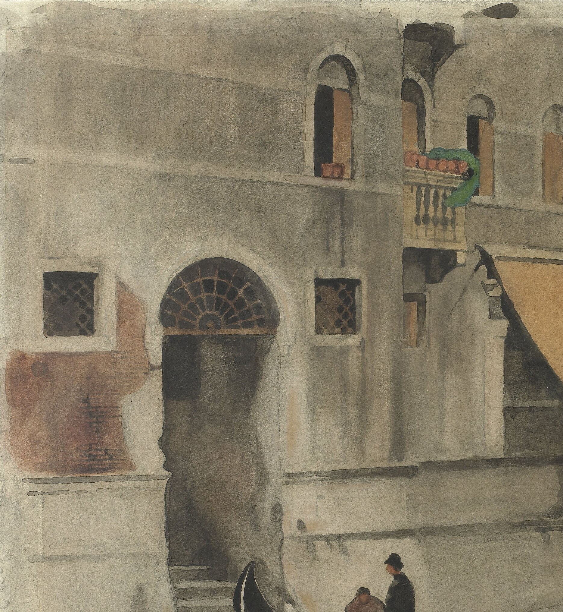 The artist captures the aged texture of Venetian buildings.