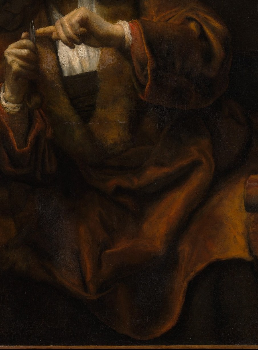 The luxurious fabric and deep color suggest a hidden richness or past status.