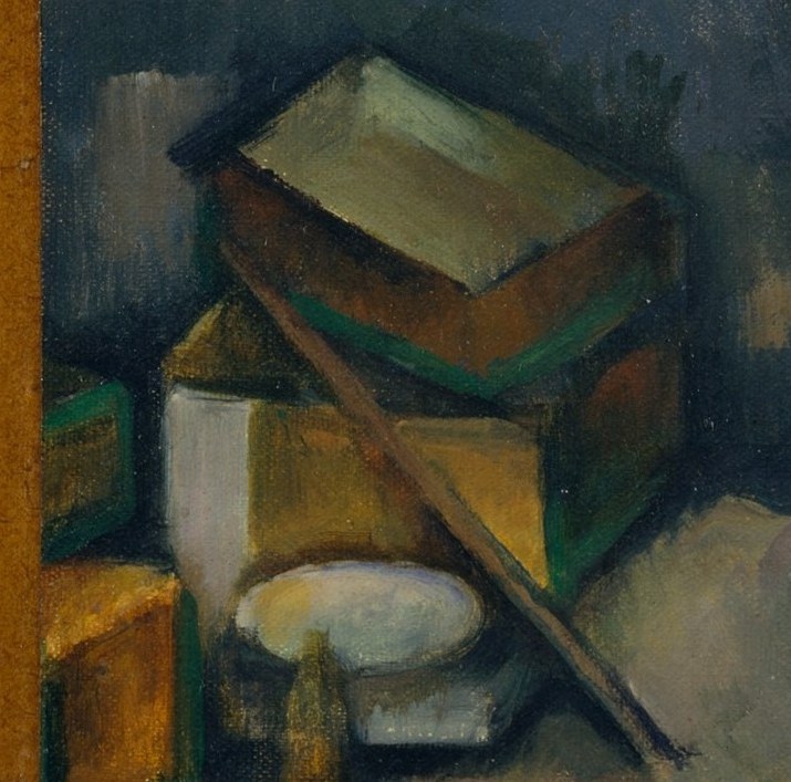 Here, a stack of books hints at his inner life.