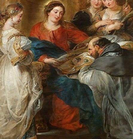 The Virgin Mary grants Saint Ildefonsus a sacred vestment.
