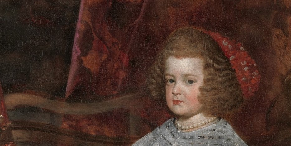 The flat, elaborate lace collar is a precise fashion document of 1640s Spanish court dress and creates the brightest value contrast in the composition.