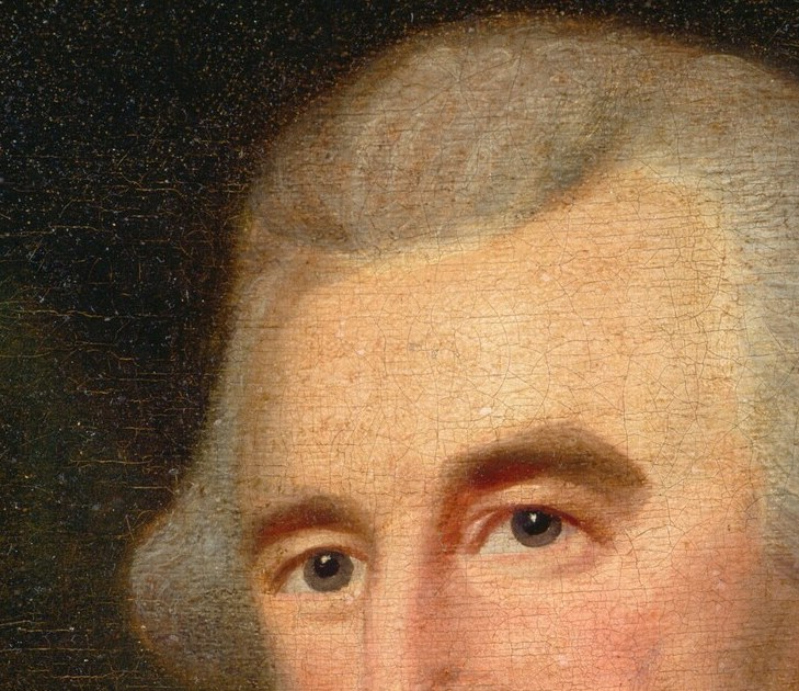 His powdered gray hair was the height of 18th-century fashion.