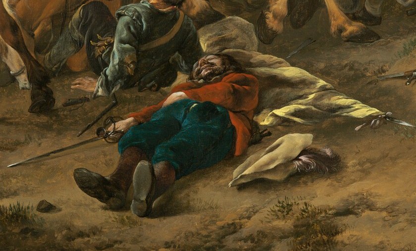 Horses rear, and a fallen soldier lies in repose.