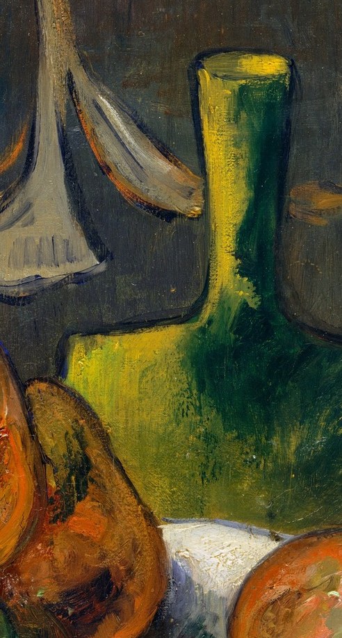 The dominant vertical anchor of the composition; its acid green reads as a color accent that ties together the warm fruit tones and dark background, a deliberate chromatic choice worth holding on.