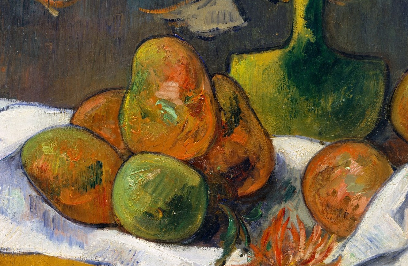 The visual heart of the painting; bold brushwork models the spherical forms with urgent impasto strokes rather than smooth blending, making the fruit feel almost sculptural.