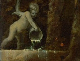 This classical motif adds a layer of symbolic meaning, perhaps of purification or baptism.