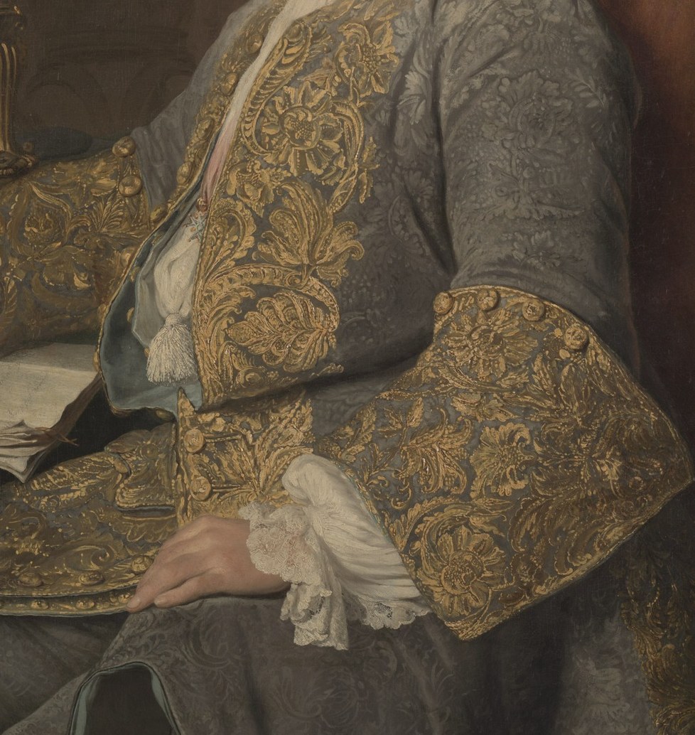 The intricate gold embroidery on the blue-grey fabric showcases exceptional craftsmanship and the sitter's wealth.