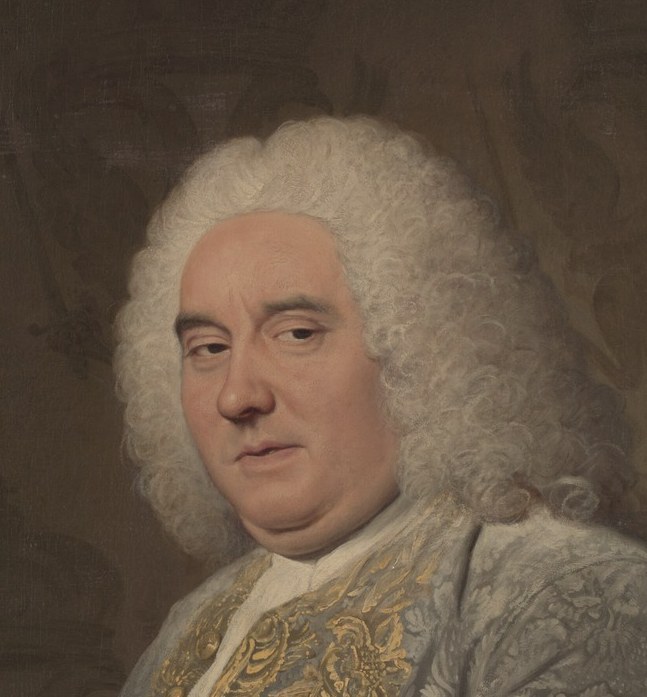 The elaborate curls and texture of the wig signify status and the fashion of the era.