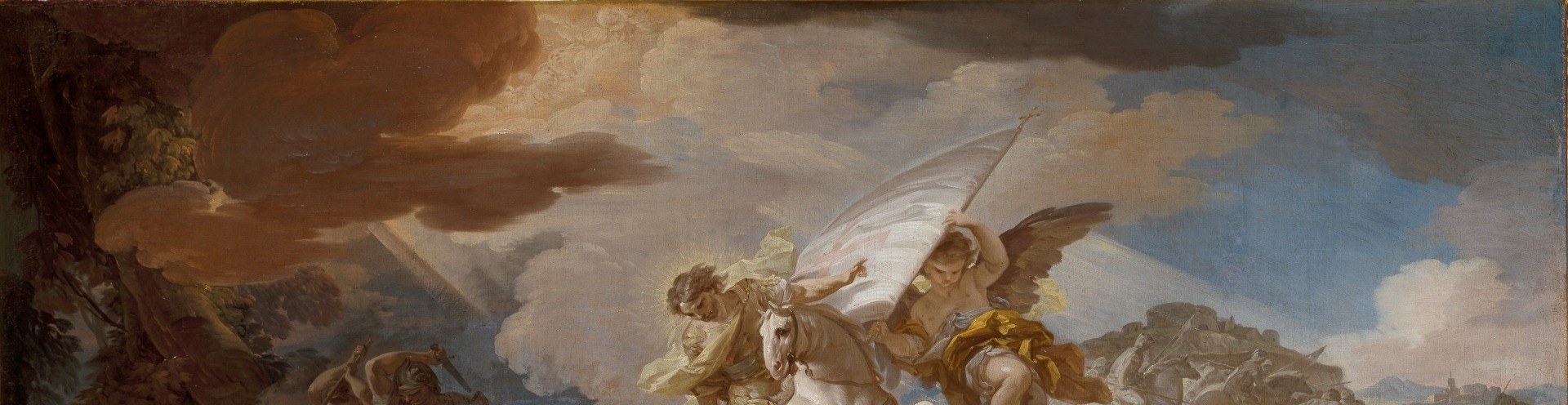 He descends from a dramatic, cloudy sky.