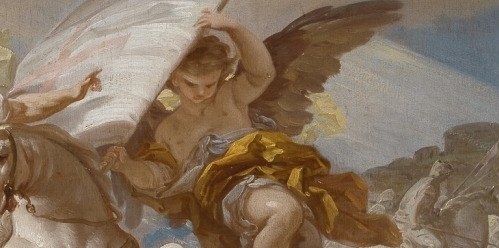 An angel brings a banner of divine will.