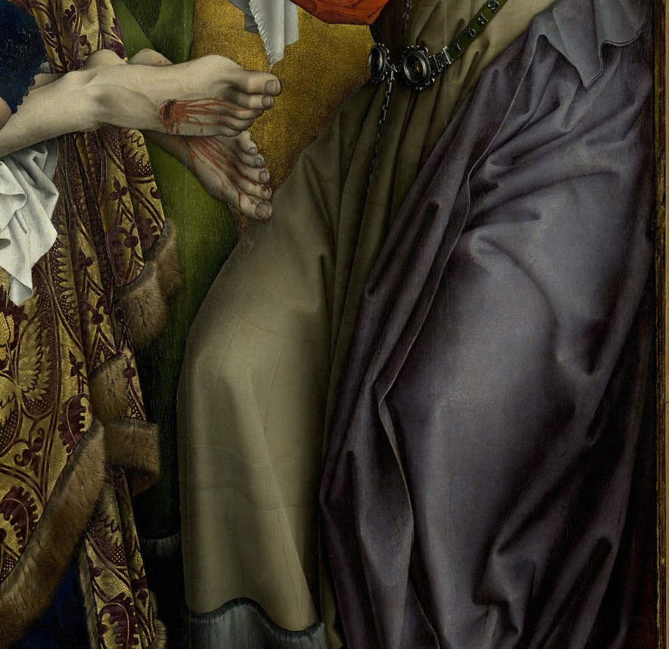 Anguished, contorted fingers , a masterclass in hands as emotional text; van der Weyden uses them as a grief thermometer