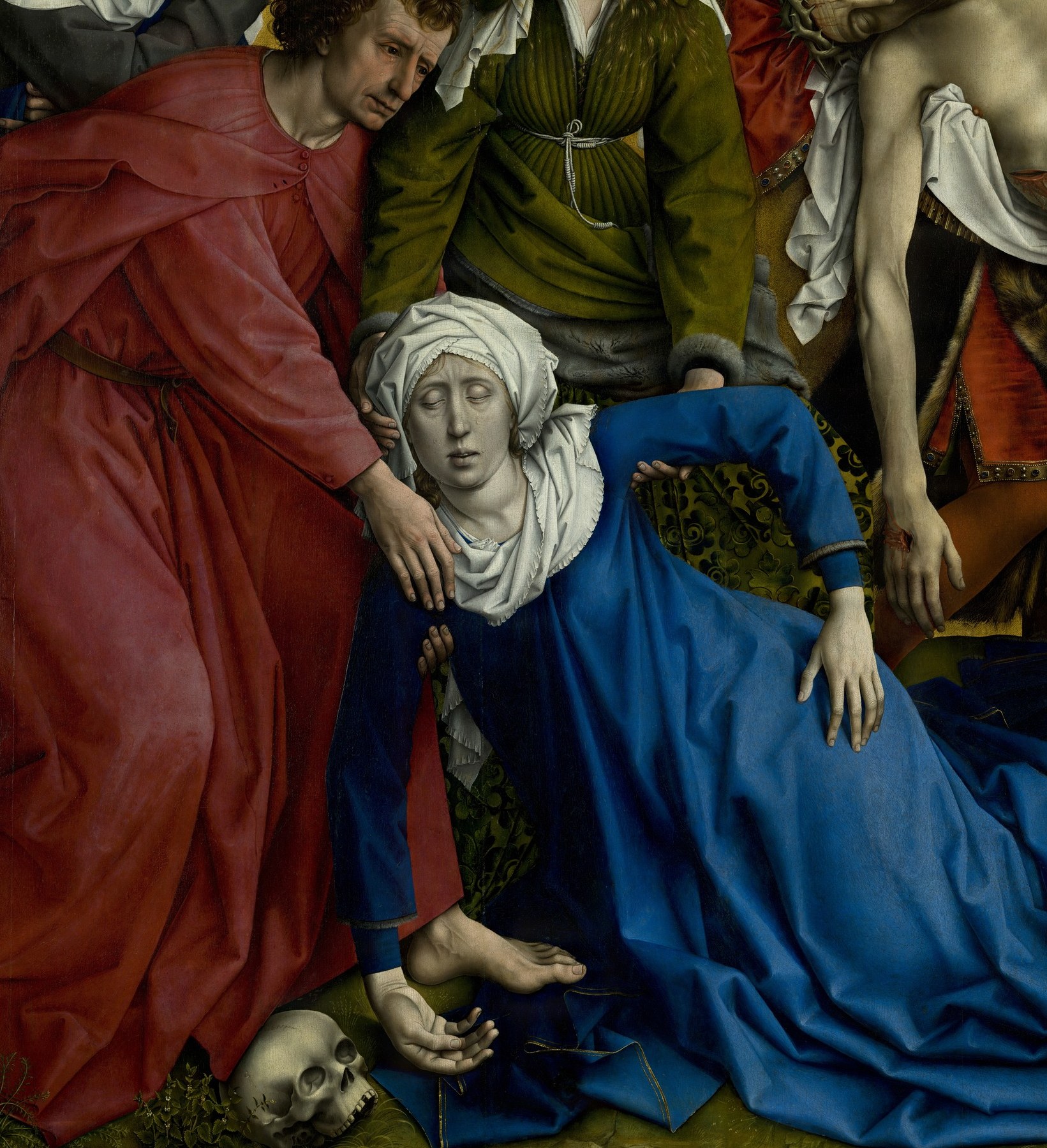 Her collapse mirrors Christ's exact posture, a deliberate visual rhyme that makes the viewer feel the weight of shared grief