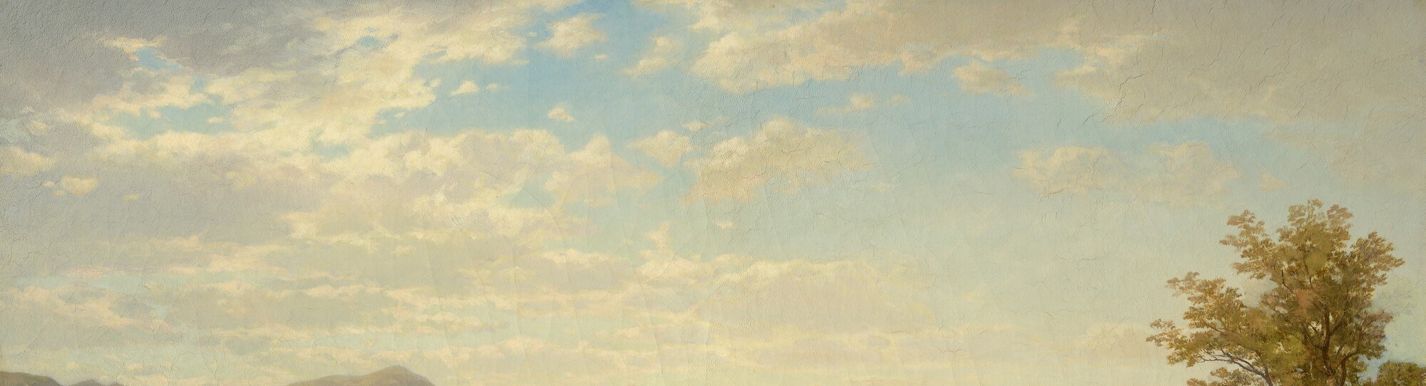 The dominant light source of the painting , broken cumulus clouds with warm golden illumination define the mood of the entire scene and reward a slow pan across the upper half