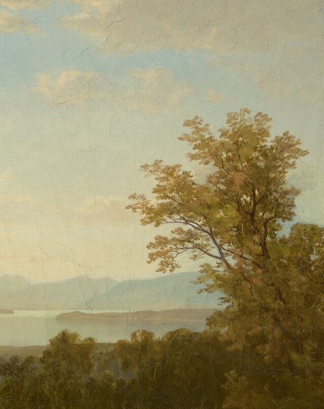 The primary repoussoir device , its warm olive-green canopy frames the right edge and pulls the viewer's eye inward toward the lake, a classic compositional convention of the Hudson River School