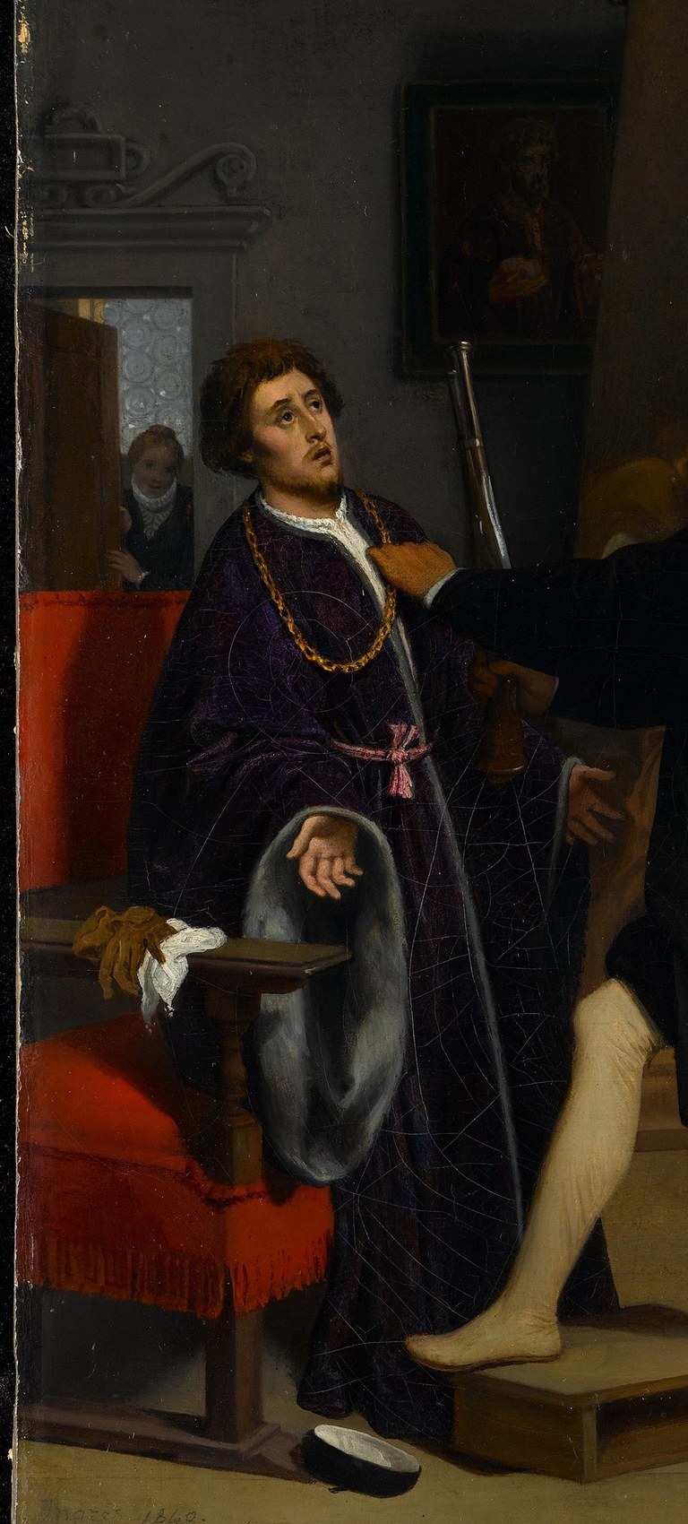 But look at the writer's robe, a cascade of deep violet silk.