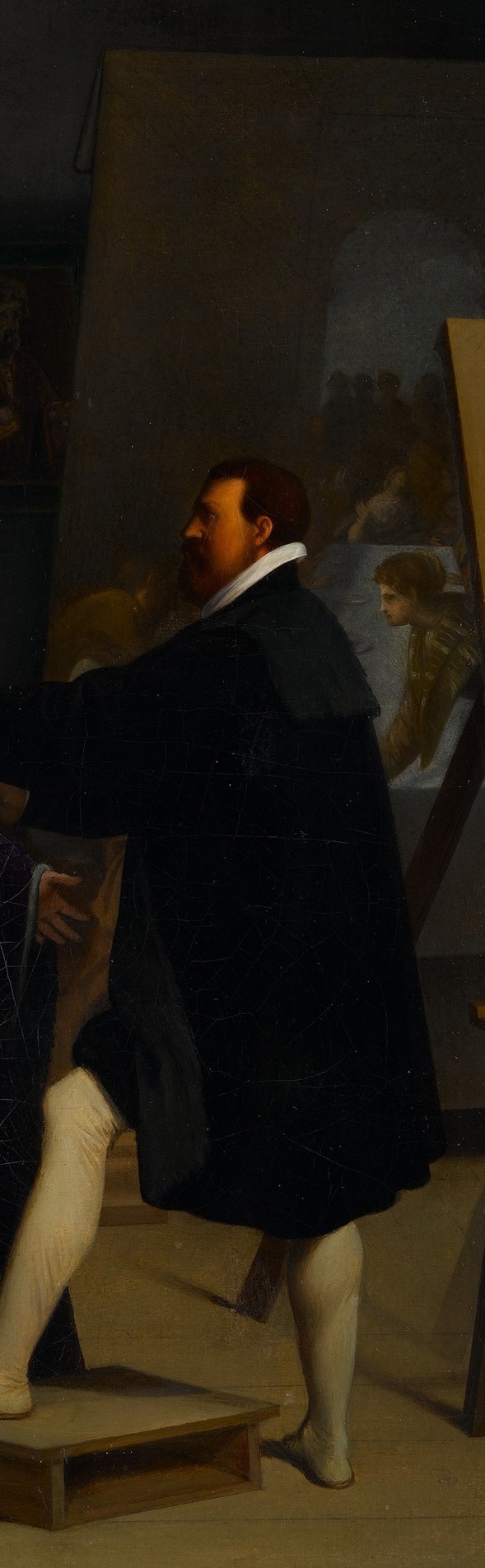 The painter, Tintoretto, ignores him, absorbed in his canvas.