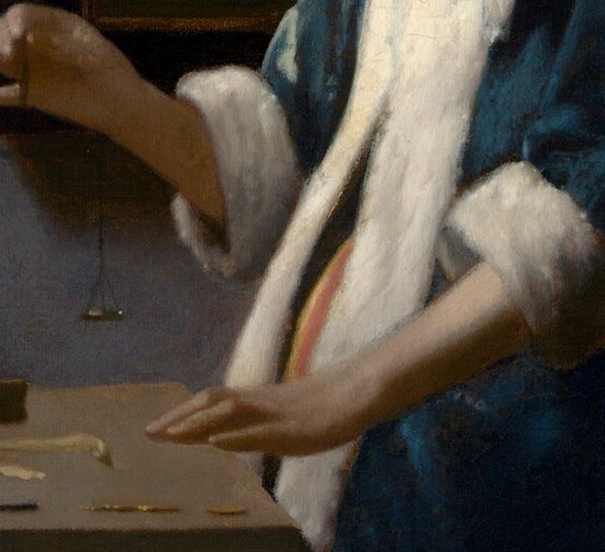 the pans hold nothing, not gold as once assumed , the emptiness transforms commerce into moral allegory; the painting's central riddle
