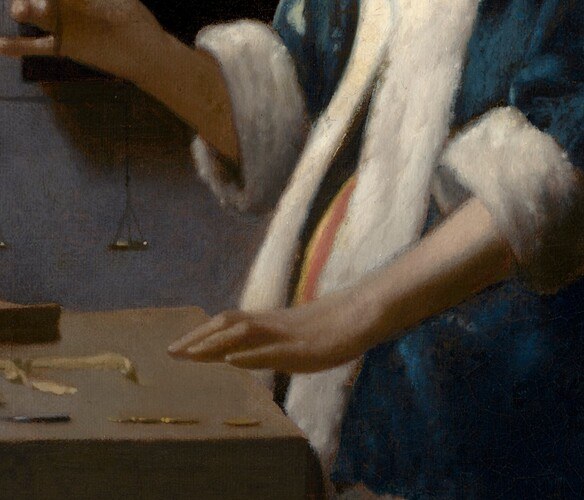 the feather-light fingertip grip suggests she weighs something immaterial; Vermeer's draftsmanship at its most precise