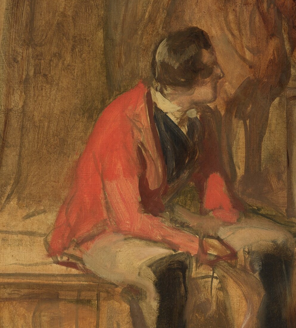 His vibrant red coat draws the eye and suggests a role within the household, perhaps a gamekeeper or estate manager.