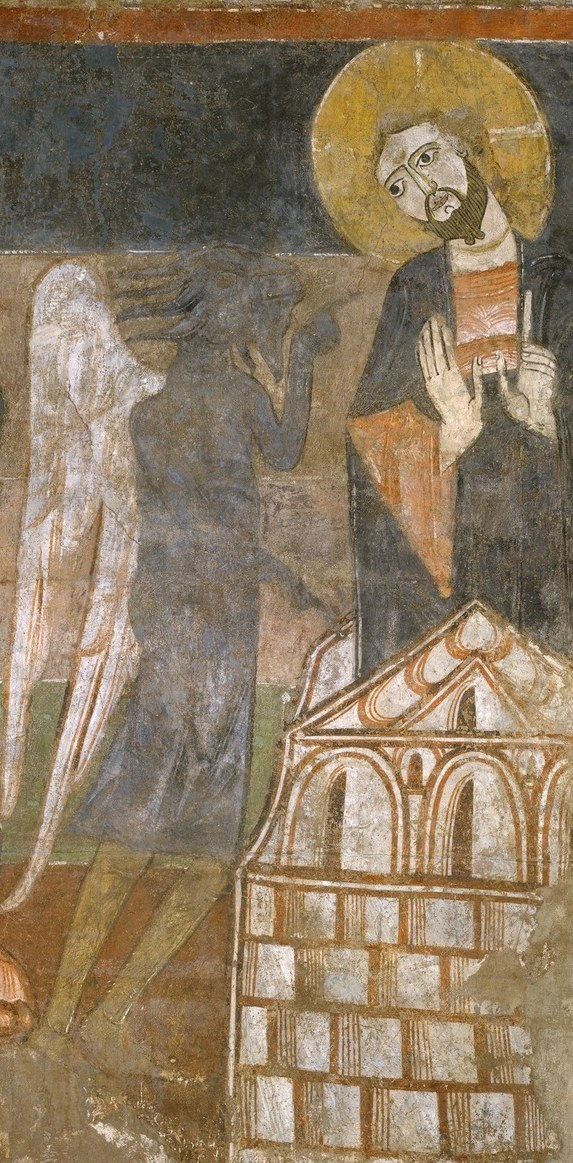 Christ stands calm as the Devil confronts him.
