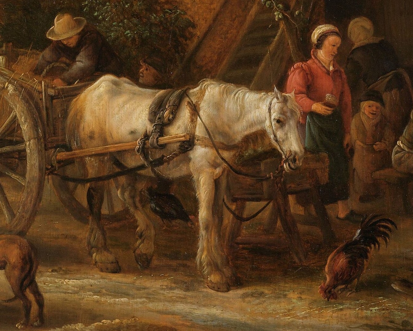 A white horse and wagon, stopped at a country inn.