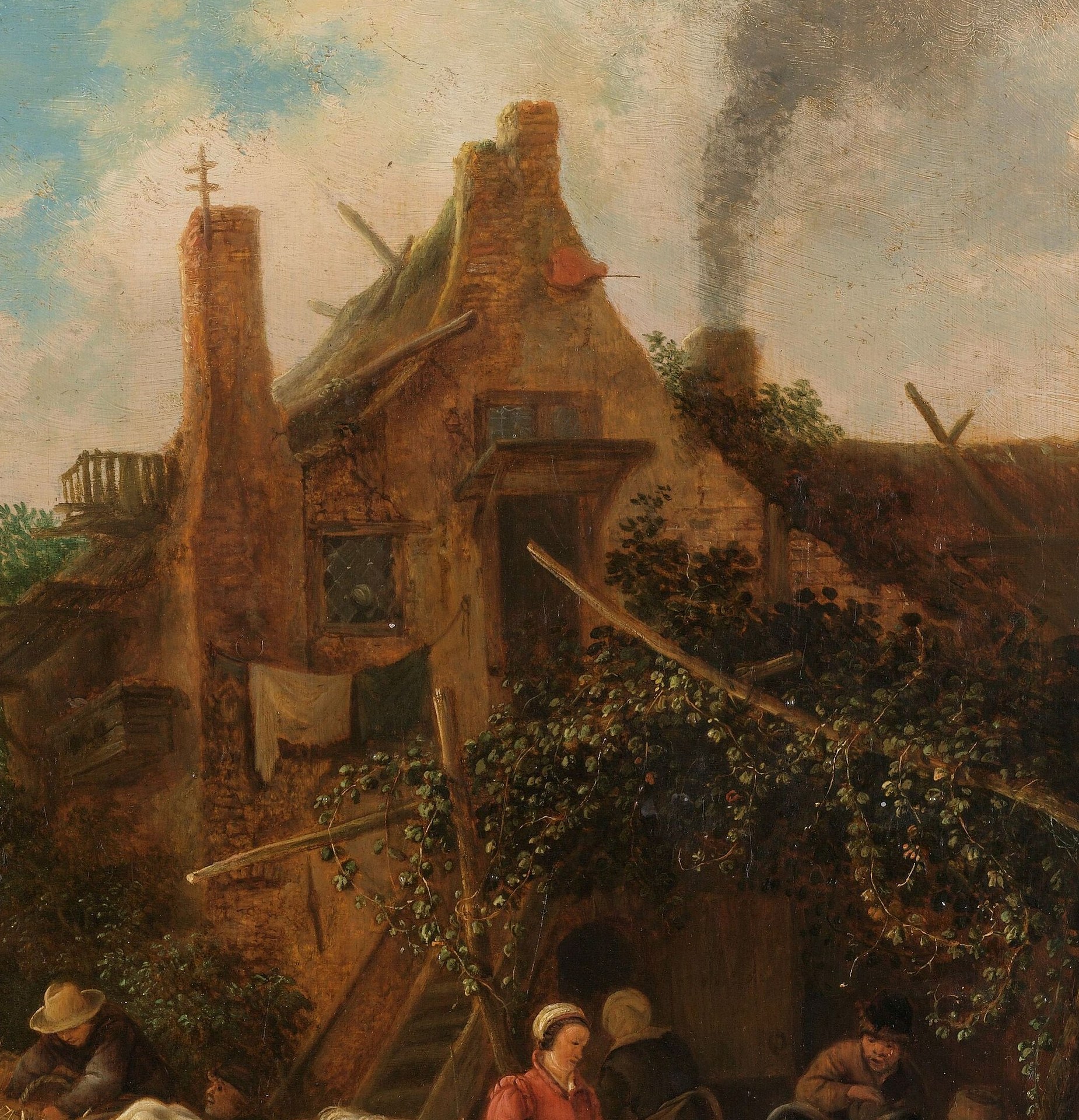 The architecture provides context for the setting and hints at the rural, working-class life depicted.