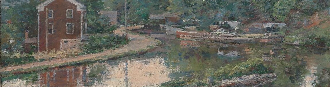 The painting's largest single plane; its subtle value shifts from dark near-bank to bright center register the last fading evening light.