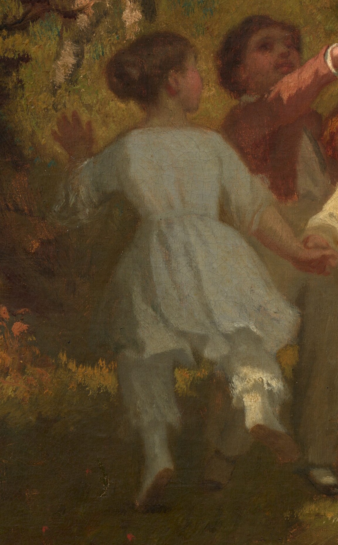 Her delicate dress and slightly turned posture suggest a moment of interaction or observation within the group.