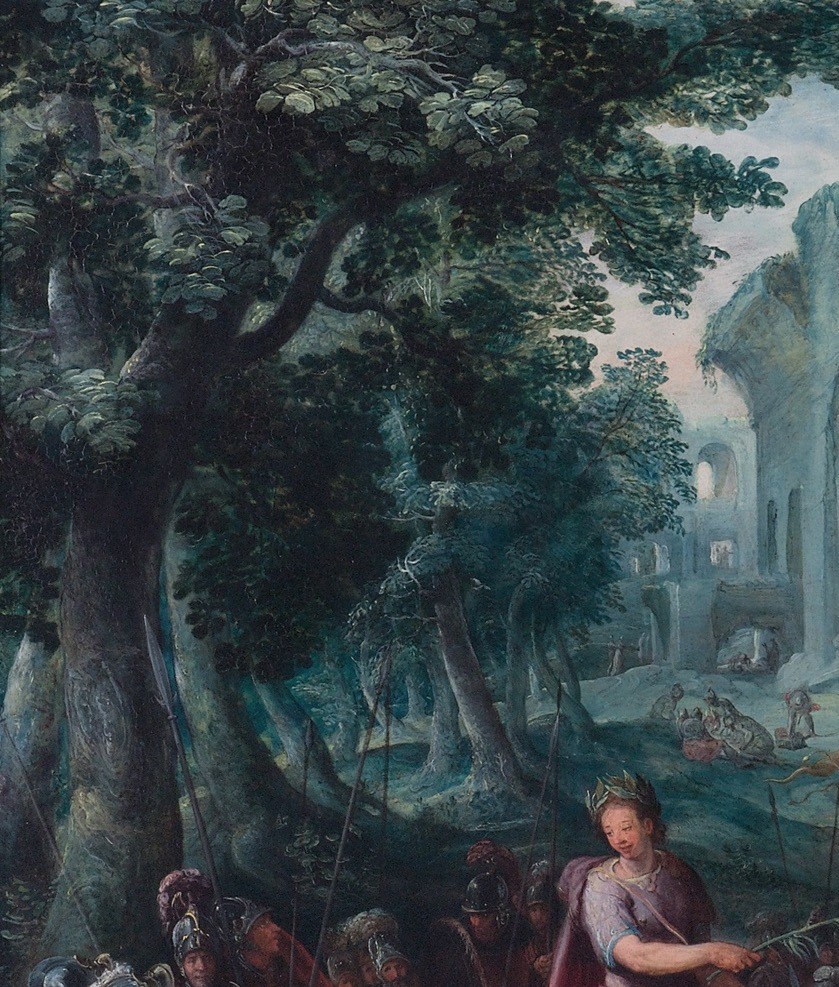 The dark, detailed foliage creates a dramatic contrast and frames the scene.