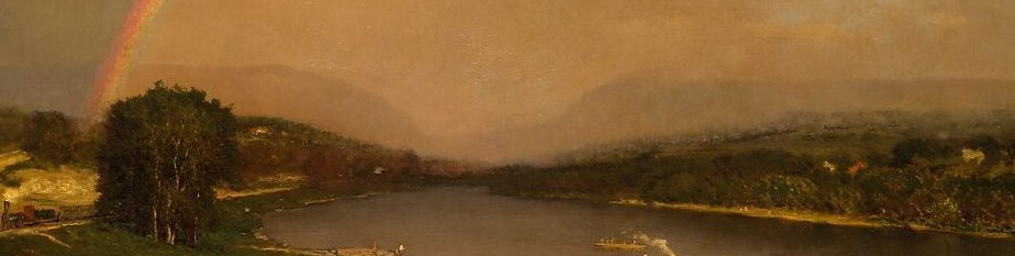 The river lies still despite the dramatic sky, its glassy surface catching warm light and hinting at the rainbow above , the stillness of water against atmospheric turmoil is the painting's central emotional contrast.