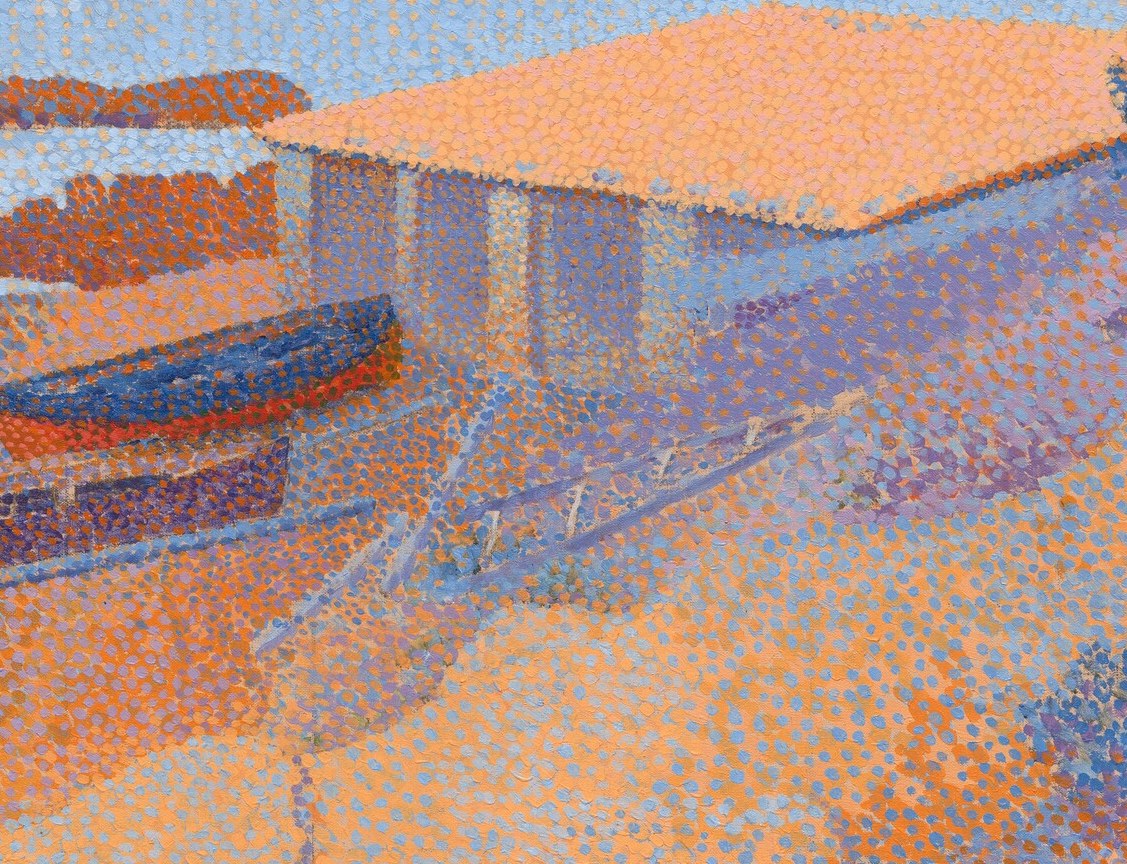 Its simple, functional structure and warm roof color anchor the scene, hinting at shelter or a base for the boats.