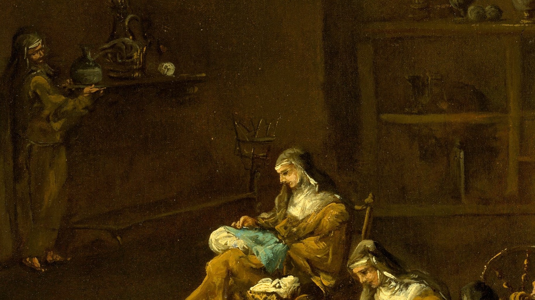 The repeated white head-coverings act as a rhythm device , bright accents that unify the composition and identify every figure as belonging to the same order