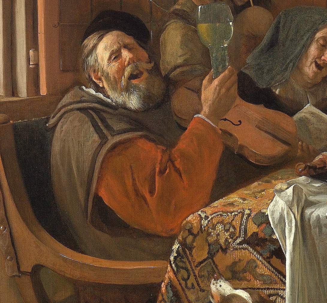 The father sings loudly, glass in hand.