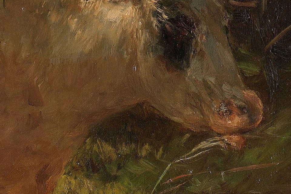 Notice the thick, visible brushstrokes on the cow's fur.