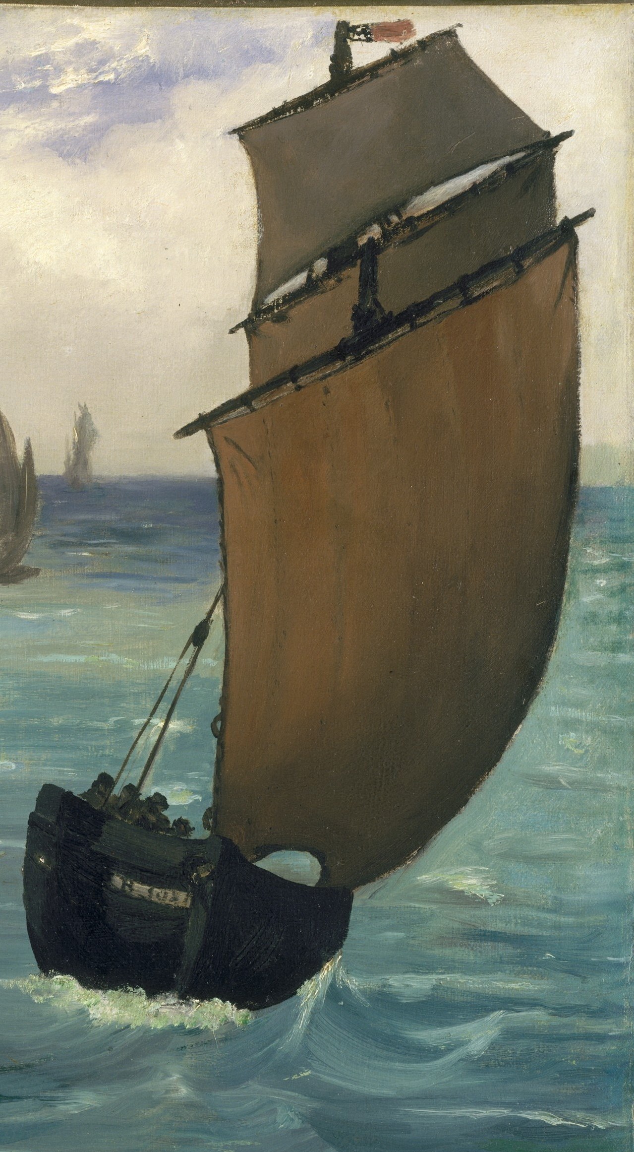 Manet's bold compositional gambit , cropping a huge ochre sail at the picture edge creates an intimate framing device that pushes the warship into middle distance