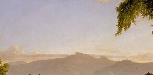 Cool recession blues anchor the painting geographically while dramatizing American wilderness scale; Cole painted these from imagination and 1831 sketches, not present observation