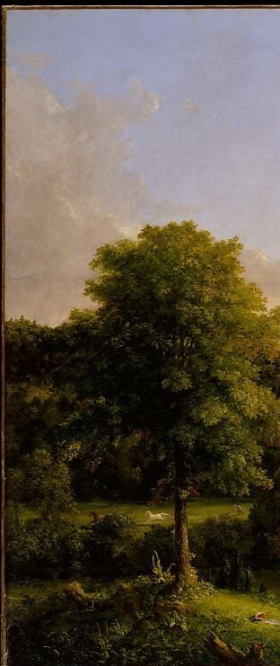 Cole's compositional anchor , their near-black silhouette against the luminous valley creates the dramatic push-pull central to Hudson River School framing, acting as a natural proscenium wing