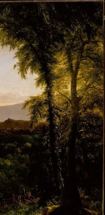 Symmetrical partner to the left tree mass; together they form the natural arch that stages the valley as theatre , Cole's compositional signature imported from Claude Lorrain via Turner