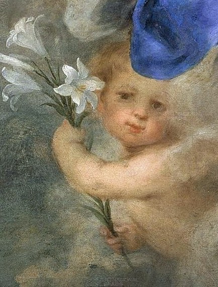 The lilies carried by cherubs symbolize her purity.