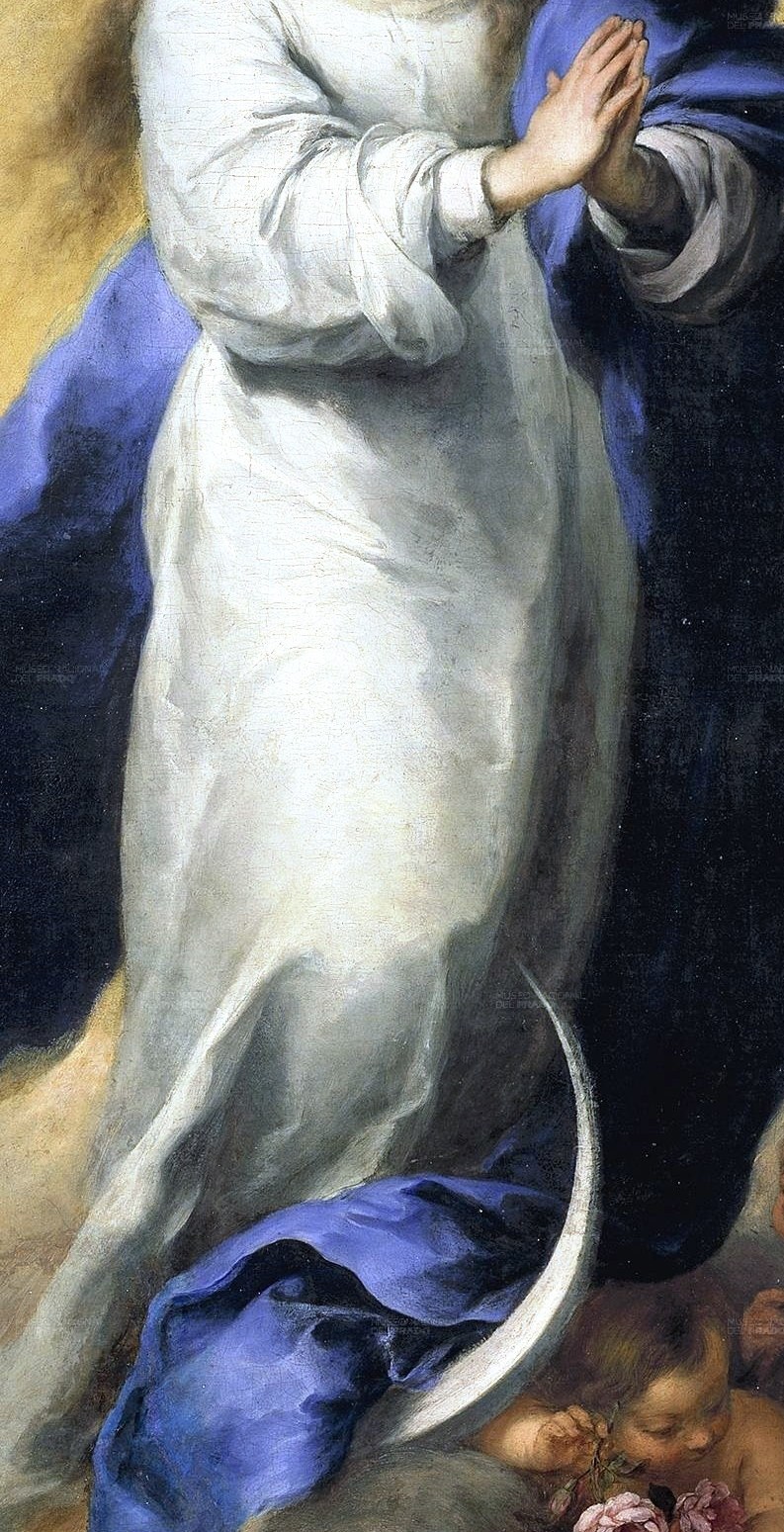 The luminous white fabric symbolizes her purity and divine grace.
