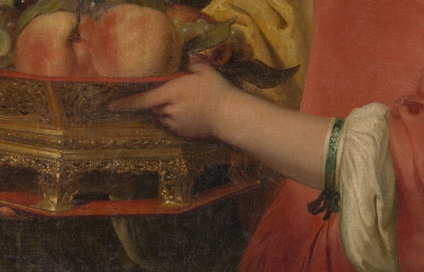 Her open hands present it all as an offering, but also as a warning.