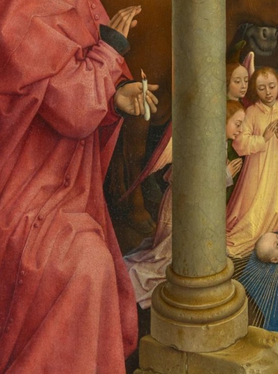 His opulent red fabric suggests a subtle hidden detail.