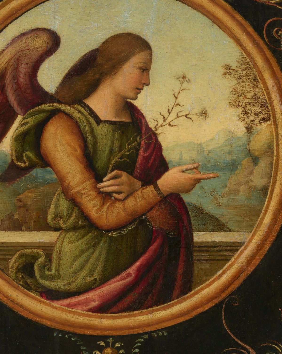 The angel's green robe holds impossible folds.