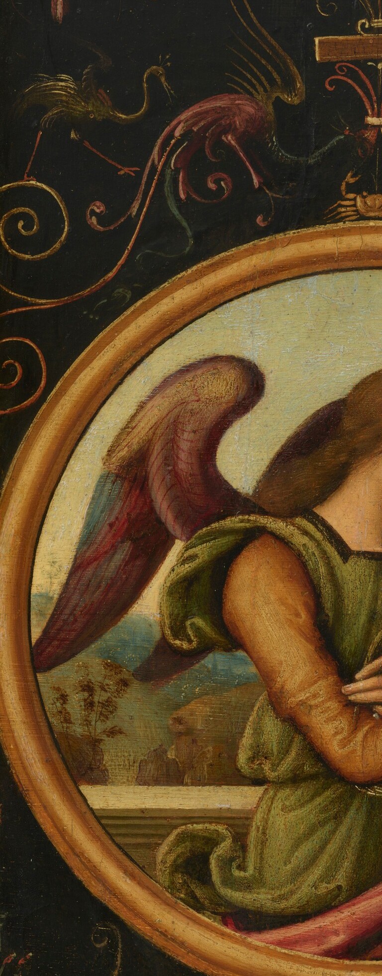 Richly layered feathers in red, orange, and gold , the most visually immediate proof of Gabriel's heavenly origin and the detail a viewer sees before anything else