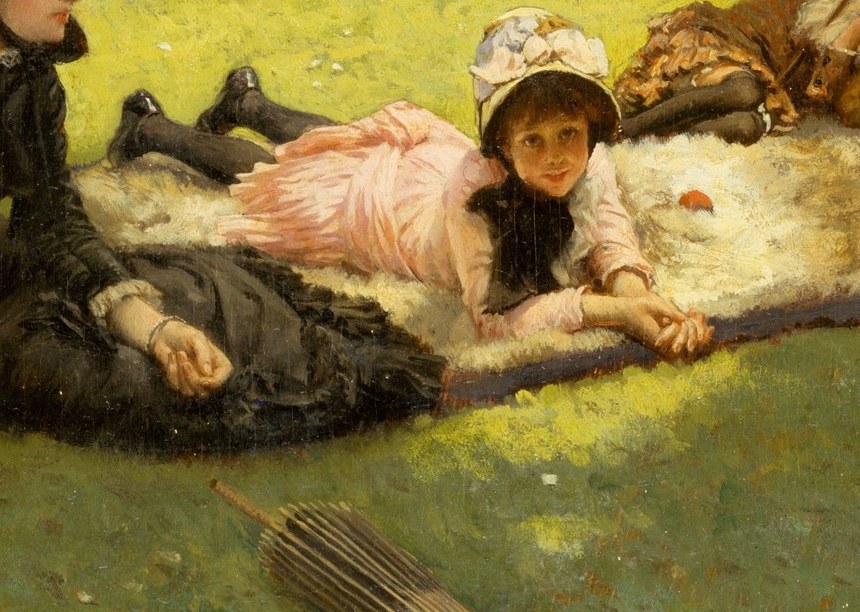 These girls can abandon their sunshade because the wall and the watchers hold the world at bay.