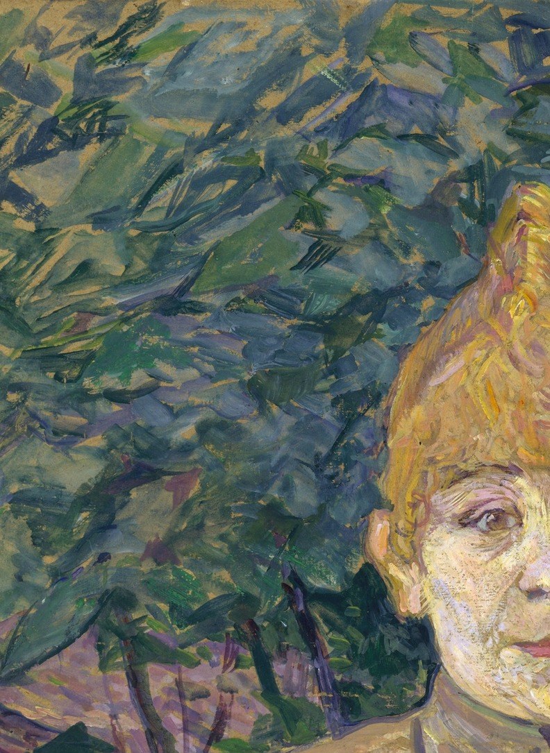 The dark greenery seems to swallow her.
