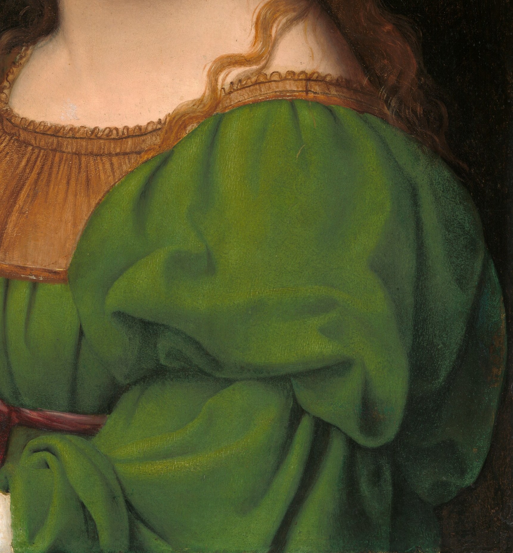 Her delicate green robe flows with soft light.