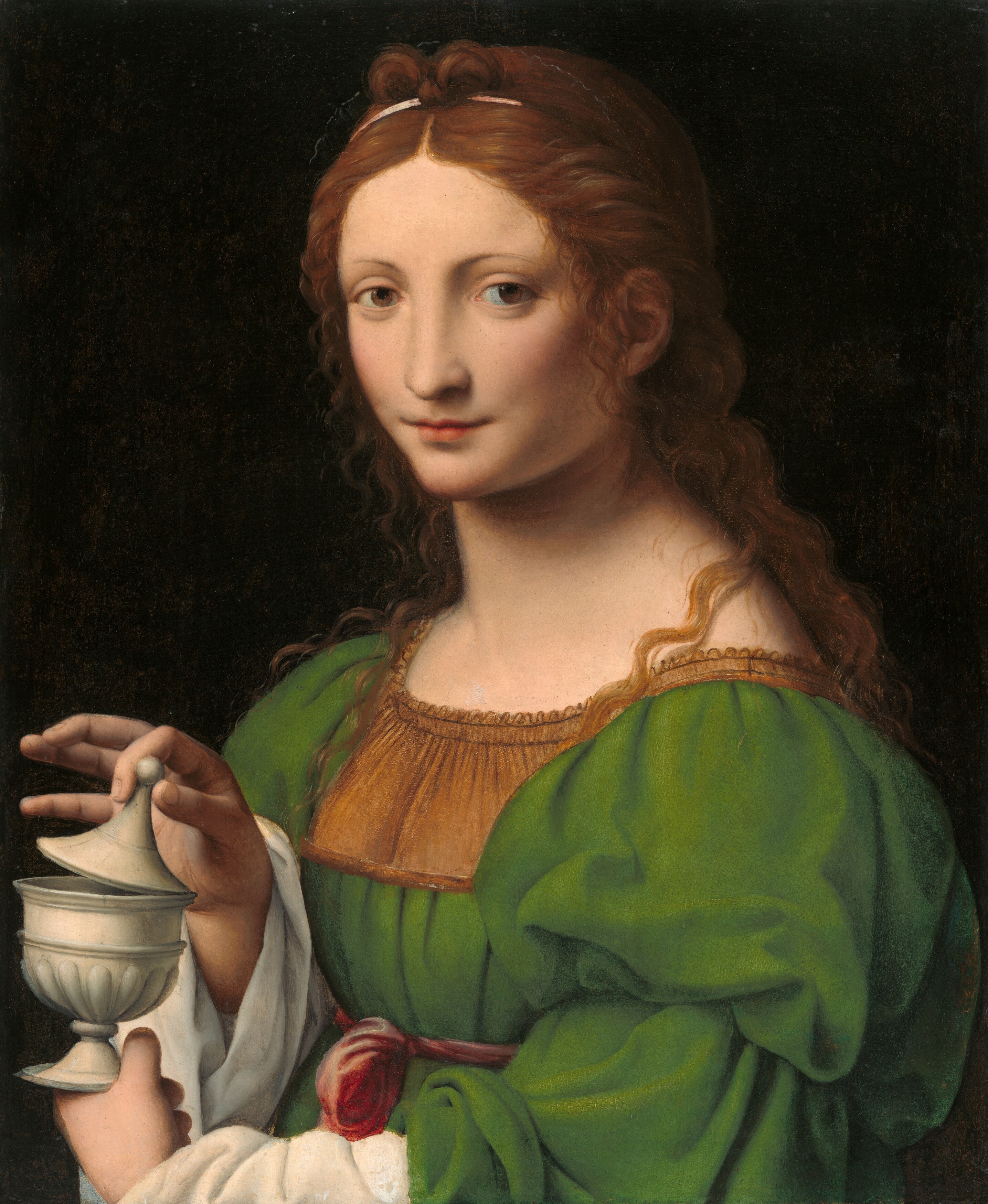 The dark background isolates the figure, intensifying the focus on her and her symbolic object.